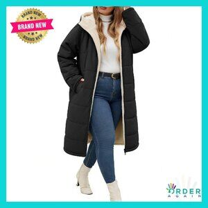 Plus Size Winter Coat Mid Length Hooded Fleece Sherpa Lined Windproof